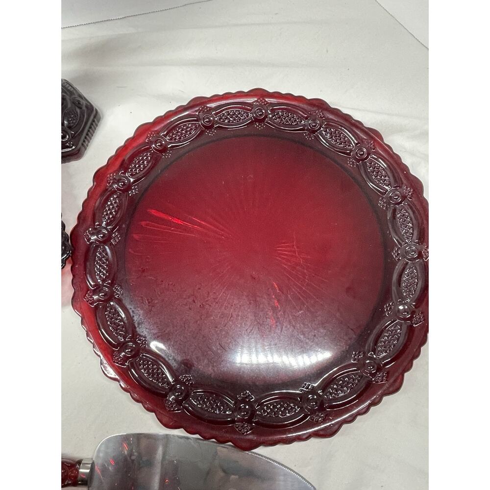 Avon Dark Red Embossed Glassware Set Plates Cups Candle Holder Pie Server - Picture 7 of 8